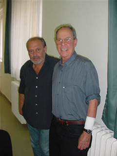 Photo of conductor Mátyás Antal, composer Harold Schiffman – backstage after recording Chamber Concerto No. 2:  In Memoriam Edward Kilenyi (2000). Janos Richter Hall, Győr, Hungary (15 June 2003)