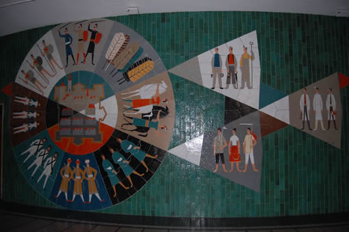 Photo of the mosaic in the lobby of the János Richter Hall, reflecting the history of Győr, served as backdrop to the October 15th RevitaTV interview. Győr, Hungary (15October2008)