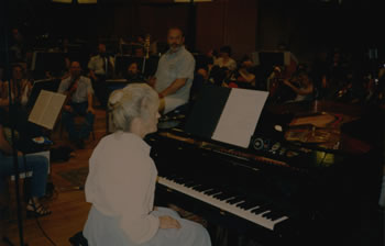 Photo taken while recording the piano concerto:  Jane Perry-Camp, pianist; Mátyás Antal, conductor; Hungarian Symphony Orchestra. The MATAV Music House, Budapest, Hungary (11 June 1999) Photograph by István Biller