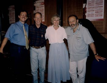Photo taken after recording the piano concerto:  David Zsolt Király, producer in Hungary; Harold Schiffman, composer; Jane Perry-Camp, piano soloist; Mátyás Antal, conductor. The MATAV Music House, Budapest, Hungary (11 June 1999) [Photographer unknown]
