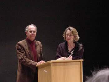 Photo of pre-concert lecture: composer Harold Schiffman and poet Kathryn Stripling Byer. Lindsay Recital Hall, The Florida State University College of Music, Tallahassee (15 April 2005)