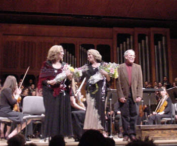 Photo of First Performance of Alma. Taking bows: mezzo-soprano soloist Nadine Cheek Whitney, poet Kathryn Stripling Byer, composer Harold Schiffman. Opperman Music Hall, The Florida State University College of Music, Tallahassee (15 April 2005)