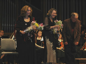 Photo of mezzo-soprano soloist Nadine Cheek Whitney, poet Kathryn Stripling Byer, composer Harold Schiffman taking bows at the conclusion of Alma´s première. Opperman Music Hall, The Florida State University College of Music, Tallahassee (15 April 2005) Photograph by Gary Whitney