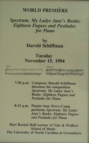 Photo of the poster for the world premire of Spectrum (1992) at the University of North Carolina at Greensboro (15 November 1994)