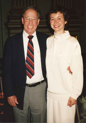 Photo of Harold Schiffman and Julie Giacobassi at the time of his Oboe d'Amore Concerto (1988) world première; San Francisco, California Photographed in a restaurant after the concert (4 March 1990)