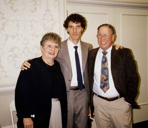 Photo of (L to R) Sylvia Arnett (violin), Colin Gatwood (oboe) and Harold Schiffman, after they premièred his Divertimento No. 2 (for Oboe and Violin) (1993); The Forest at Duke, Durham County, North Carolina (18 October 1994)