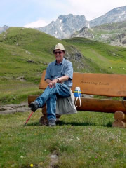 Photo of Harold Schiffman taking a break from hiking. Upper Engadine, Switzerland (27 June 2003)